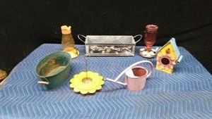 Metal planters, metal watering can, metal bird house, humming bird feeders