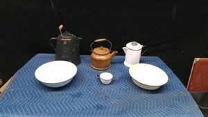 Vintage enamel ware coffee pots, teapot, 2 bowls and a cup