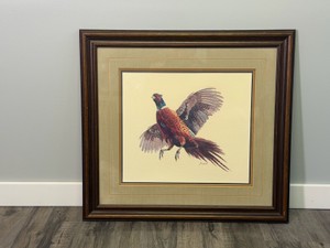 Framed Ring Neck Pheasant in Flight by L. Raymer