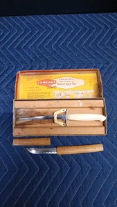 Vintage Camillus host perfect party pair knife and block set and Japanese style tanto-knife with wooden storage scabbard and knife and sheath