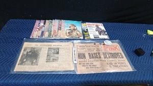 1943 American rifleman magazines, 1918 St. Paul MN newspaper, 1950 Milwakee Journal, and 2 World War II magazines, pins