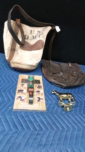 WW I horse feed bag, WWI saddle bag, trophy top horse and a hitching point system by