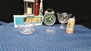 Servingbowl, fruit bowl, heart shaped bowl, cheese & cracker tray, Strohs stein, lg alarm clock, candle lantern and water bottles