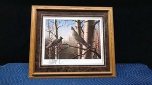 Signed wildlifeprint of ruffed grouse by Gary Sorrels - oak framed