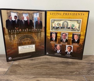 Living Presidents Deluxe Commemorative $2 Bill display folder, which features a colorized genuine U.S. two-dollar bill and portraits of U.S. presidents in office at that time (such as Jimmy Carter, George H.W. Bush, Bill Clinton, George W. Bush, and Barac