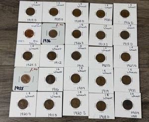 Lot of 25 Wheat Pennies in Protective Sleeves - see description for dates