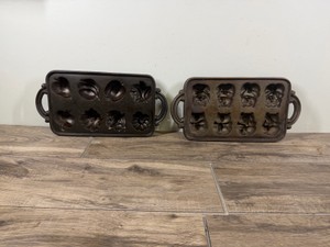 2 - Vintage Cast Iron Muffin Pans - Bears and Fruit