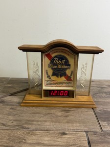 Vintage Pabst Blue Ribbon Electric Lighted Sign with Digital Clock (often referred to as a cash register or small tabletop bar sign) from the early 1980s