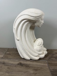 Vintage Art Deco revival ceramic sculpture titled Woman in the Wind (often depicting a mother and child or a wind spirit), commonly produced in the 1980s by makers like Harris Potteries of Chicago or Sittre Ceramics
