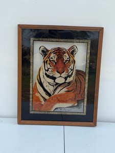 Vintage reverse-painted glass shadow box wall art piece featuring a tiger, commonly produced by companies like LuLus Inc. in the 1970s.