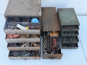 3 - Metal Hardware Boxes Full of Hardware and Tools