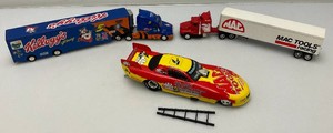 Misc. Pre-Owned Miniature Die Cast Cars Including Funny Car And Transporters One In Original Box But Missing One Car