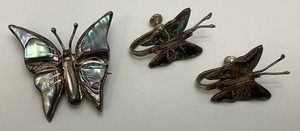 Vintage Mexico STERLING Silver And Abalone Butterfly Brooch And Earrings Set 10.19 Grams Overall