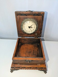 Vintage ornate wooden trinket and jewelry storage chest with battery-operated quartz clock, untested