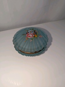 Vintage frosted blue glass seashell-shaped trinket box