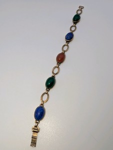 Vintage Sterling Silver 14k Gold multi-gemstone scarab link bracelet, hand-carved oval cabochon gemstones-size 7