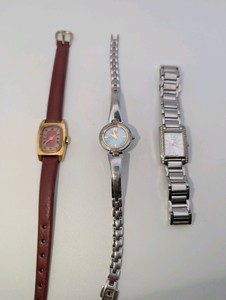 Vintage Womens Watches (3)- Rare Vintage England Timex, Citizen Eco-Drive Silhouette two-tone womens watch mother-of-pearl dial and crystal accents, Pulsar by Seiko rectangular tank watch
