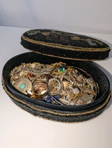 Vintage black and gold seed-beaded Jewelry box filled with Vintage UnsortedUnsearched Jewelry