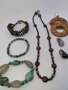 Stone and Wood Jewelry Lot - Turquoise Nugget and Raw Quartz, Snowflake Obsidian, Chevron Amethyst
