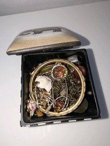 Vintage ceramic square trinketjewelry box filled with unsortedunsearched vintage jewelry