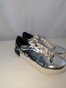 Bebe Charley silver and black metallic low-top lace-up sneakers, size 9
