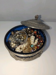 Antique silver-plated lidded Trinketjewelry dish filled with Vintage Unsortedunsearched jewelry