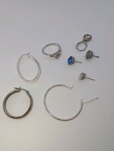 Assortment of Sterling Silver 925 mismatch hoop earrings, gemstone studs, and a ring 11.7grams