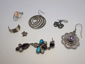 Assortment of vintage sterling silver 925 and mixed gemstone mismatch earrings and charms, Southwestern-style turquoise, amethyst, and decorative metalwork, 22.9grams