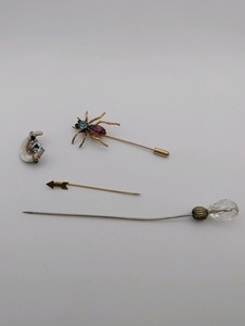 (4) Vintage Pin Brooches- Spider stick pin, antique Art Nouveau mother-of-pearl