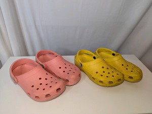 2 Pairs of Crocs Classic Clogs, Pink size 7 and Yellow size 6