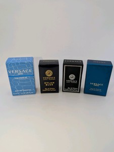 Versace 4-piece mini fragrance kit includes travel-size splash bottles of Dylan Blue, Eros, Man Eau Fraiche, and Pour Homme, NIB