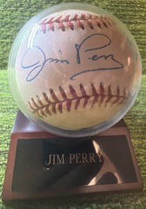 Jim Perry - Signed MLB Baseball. Twins HOF, Indians Pitcher Autographed Sweet Spot MLB with Stand