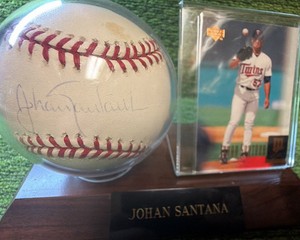 Johan Santana Autographed Sweet Spot Official Rawlings Major League Baseball In Display Case with Card  Minnesota Twins  Pitcher