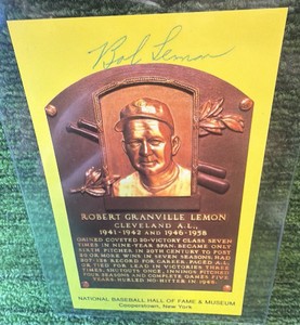 BOB LEMON HALL OF FAME Plaque Postcard  SIGNED Pitcher & MLB Manager