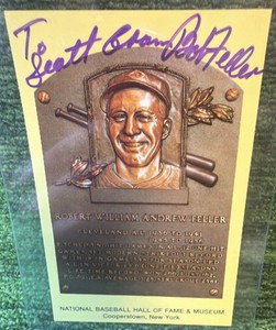 Bob Feller Autographed MLB Hall Of Fame Postcard Indians
