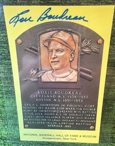 Lou Boudreau Signed Cleveland Indians Hall of Fame Plaque Postcard Autographed