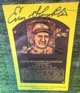 Enos Slaughter Signed Autographed HOF Hall of Fame Gold Plaque Postcard