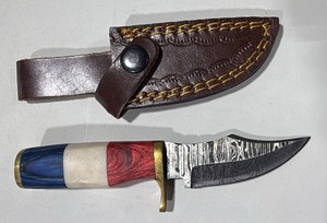 Custom Made America 250 Red, White, Blue Damascus Knife 6 Overall Length