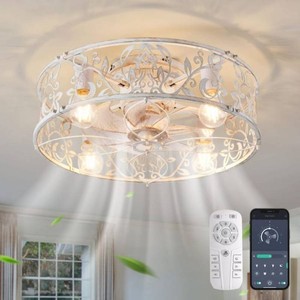 20 in. Distressed White Farmhouse Caged Standard Flush Mount Ceiling Fan with Remote Included for Bedroom Living Room