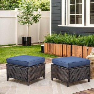 MoonLuxe Brown Wicker Outdoor Ottoman with Olefin Blue Cushions for Patio Porch (2-Pack)