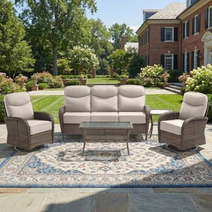 Goyal Brown 6-Piece Wicker Patio Conversation Seating Sofa Couch Set with Beige Cushion and Swivel Rocking Glider Chairs