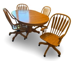 K- Solid Oak Pedestal Dining Table & Four Spindle Back Chairs