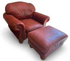 UL - Burgundy Red Leather Chair & Ottoman