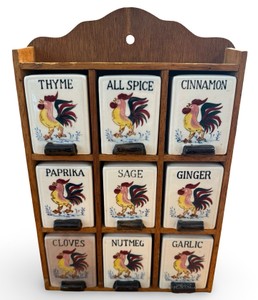 B2-1950s Ceramic Rooster Spice Rack Set