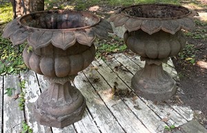 Pair of Cast-Iron Sunflower Urn Planters - 29 X 30 in