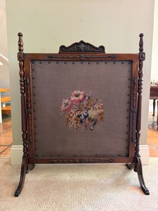 Antique Carved Wood Fireplace Screen With Needlepoint Panel