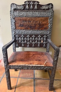 Vintage Ornate Carved Armchair With Applied Metalwork - Mar-a-Lago Provenance Legend