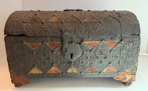 Antique-Style Embossed Metal and Leather Trunk Chest - 15 X 7 X 9 in