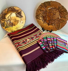 Mixed Lot - Woven Table Covering, Leaf Plates & Textiles