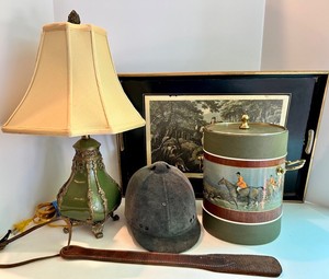 Vintage Equestrian Decor Mixed Lot - Lamp, Hunt Print, Hat & Leather Strap